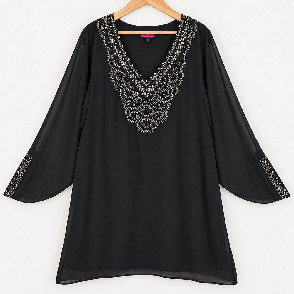 Antthony Studio Beaded V-Neck Split Sleeve Tunic Top Black 1X